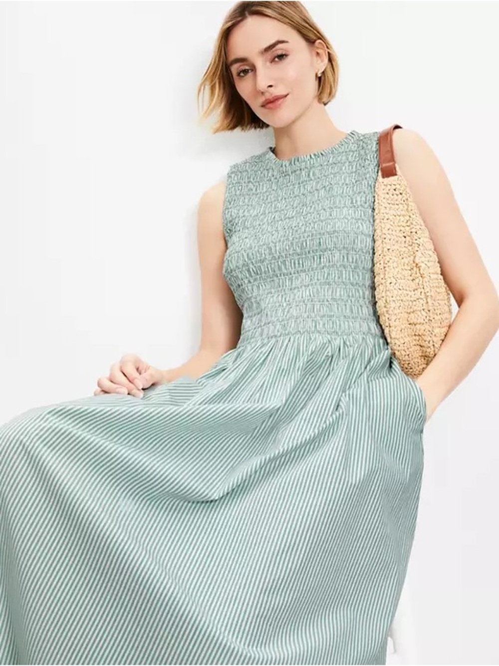 LOFT Mint Stripe Smocked Sleeveless Maxi Dress